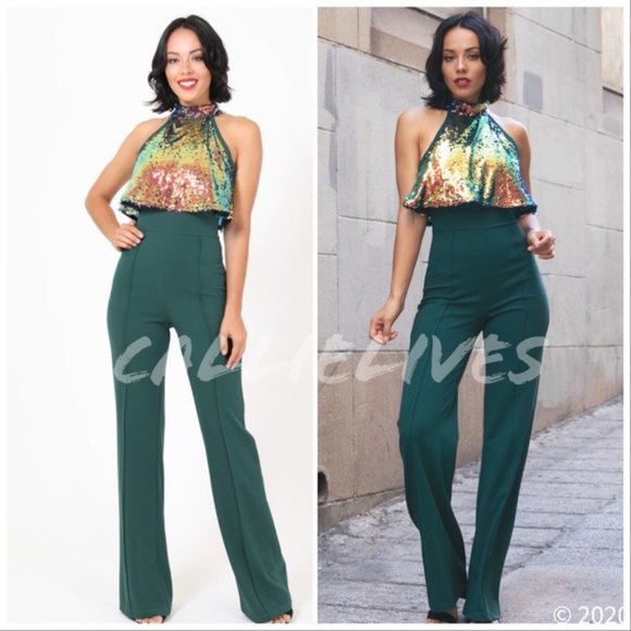 Callie Celebration: Iridescent Orange Sequin Cropped Halter Green Jumpsuit S M - Picture 2 of 16
